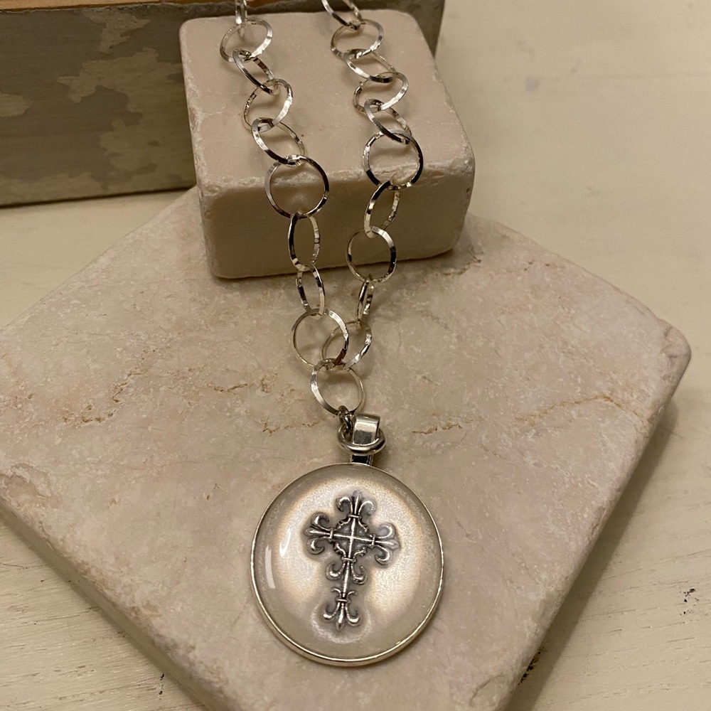 Silver Cross Pendant Necklace on Silver Chain LOYAL MUSE Adjustable Up to 18”